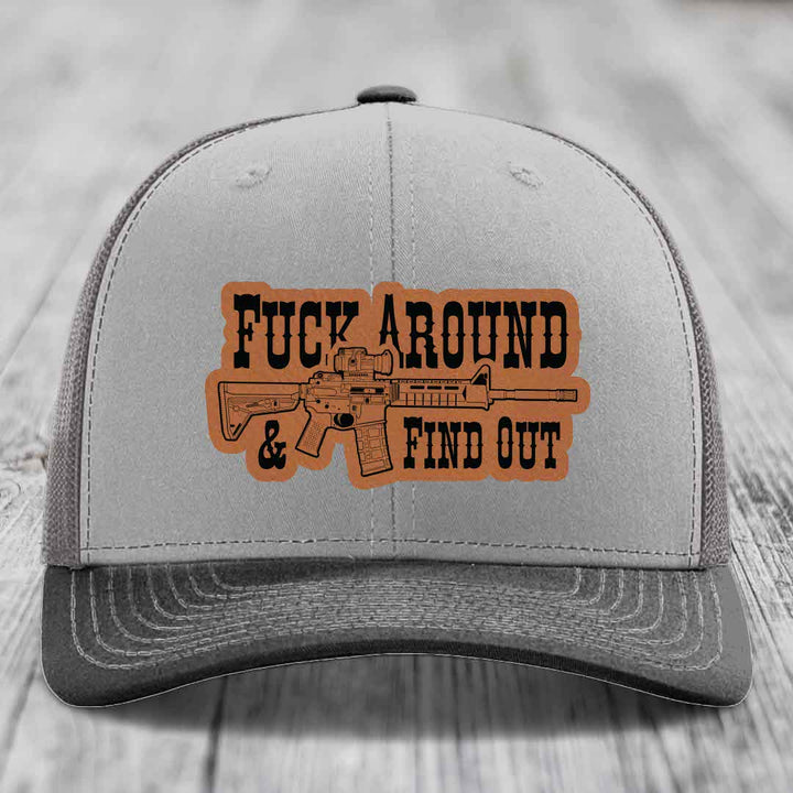 F*ck Around &amp; Find Out (AR-15) - Leather Patch Hat - Rawhide to Black Patch - Richardson 112 Snapback Trucker Hat