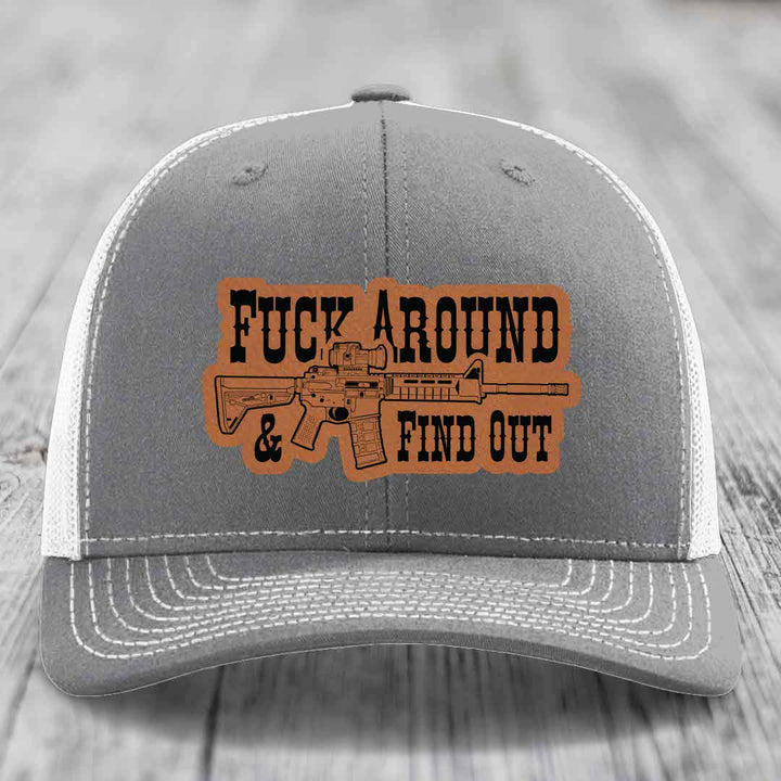 F*ck Around &amp; Find Out (AR-15) - Leather Patch Hat - Rawhide to Black Patch - Richardson 112 Snapback Trucker Hat