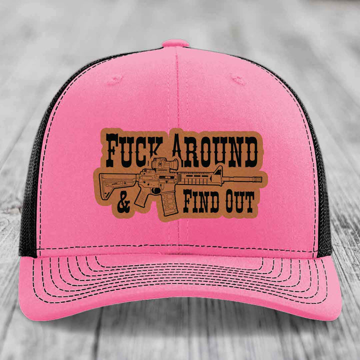 F*ck Around &amp; Find Out (AR-15) - Leather Patch Hat - Rawhide to Black Patch - Richardson 112 Snapback Trucker Hat