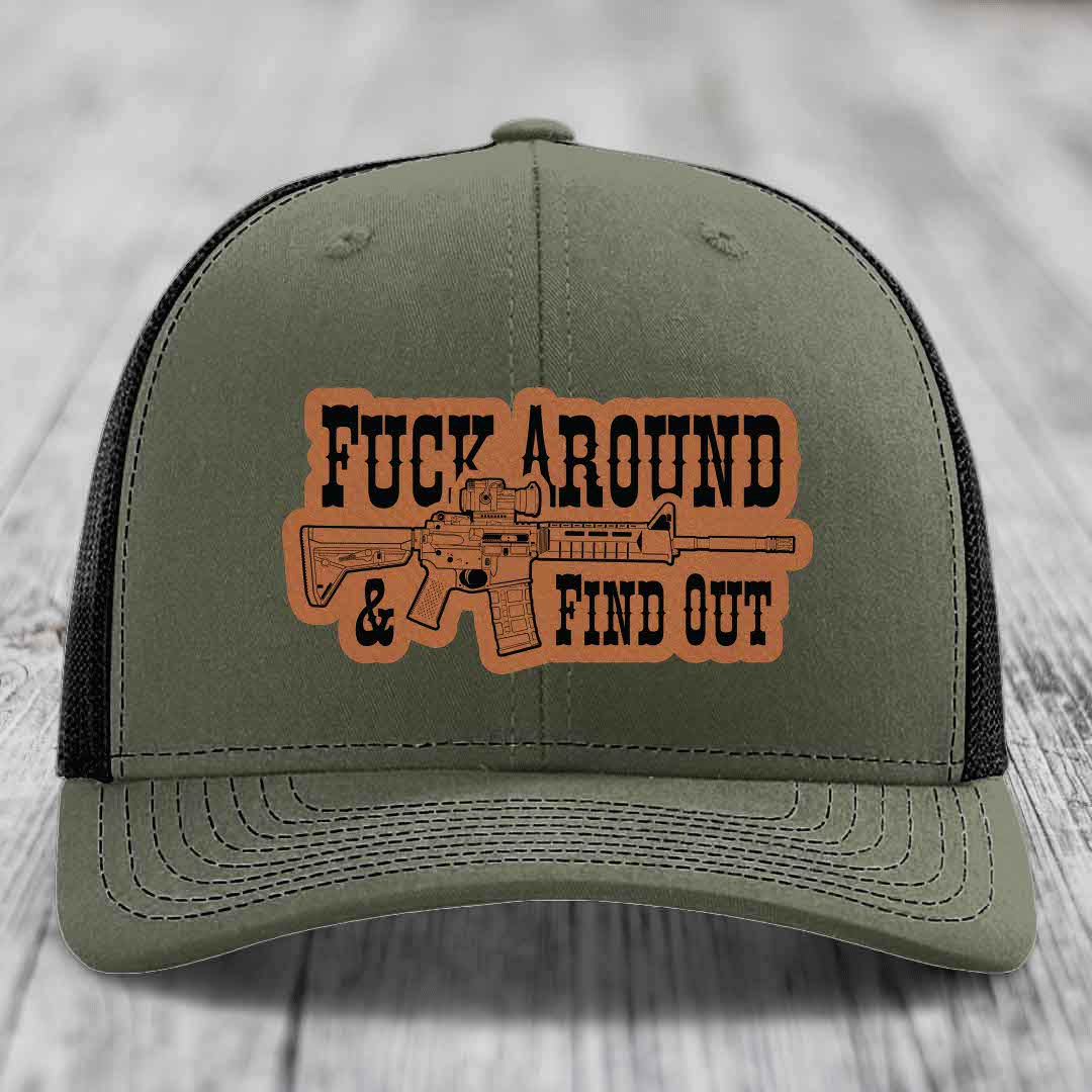 F*ck Around &amp; Find Out (AR-15) - Leather Patch Hat - Rawhide to Black Patch - Richardson 112 Snapback Trucker Hat