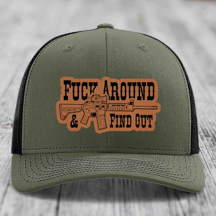 F*ck Around &amp; Find Out (AR-15) - Leather Patch Hat - Rawhide to Black Patch - Richardson 112 Snapback Trucker Hat