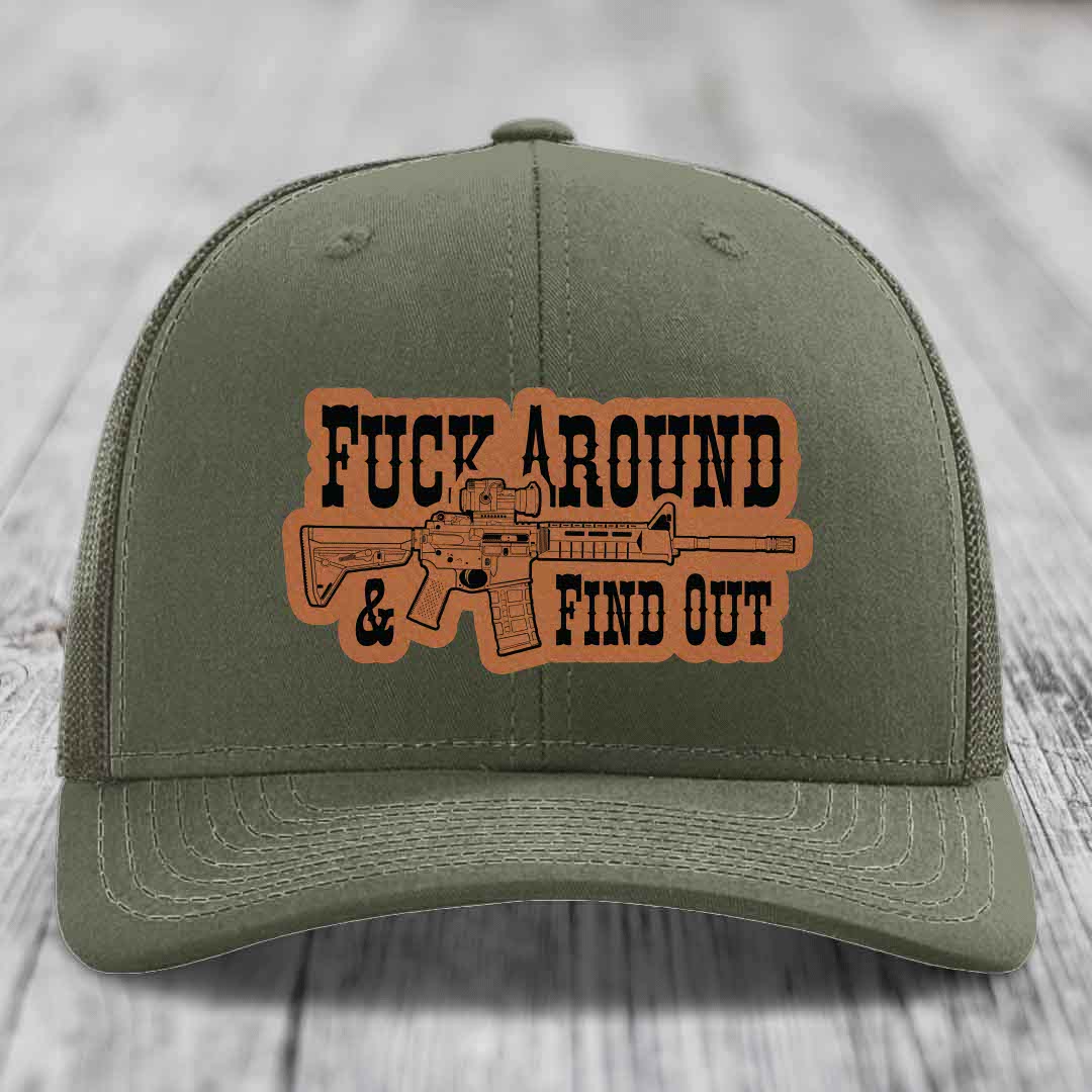 F*ck Around &amp; Find Out (AR-15) - Leather Patch Hat - Rawhide to Black Patch - Richardson 112 Snapback Trucker Hat