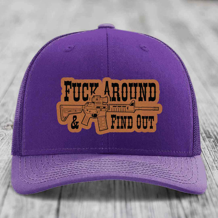 F*ck Around &amp; Find Out (AR-15) - Leather Patch Hat - Rawhide to Black Patch - Richardson 112 Snapback Trucker Hat