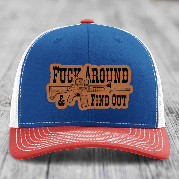 F*ck Around &amp; Find Out (AR-15) - Leather Patch Hat - Rawhide to Black Patch - Richardson 112 Snapback Trucker Hat