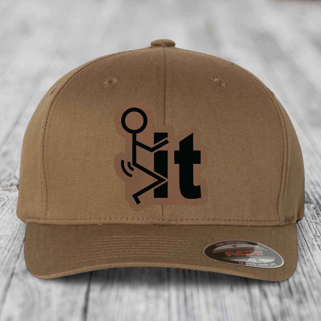 F*ck It - Leather Patch Hat - Dark Brown to Black Patch - Flexfit 6277 Fitted Hat