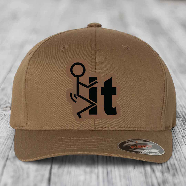 F*ck It - Leather Patch Hat - Dark Brown to Black Patch - Flexfit 6277 Fitted Hat