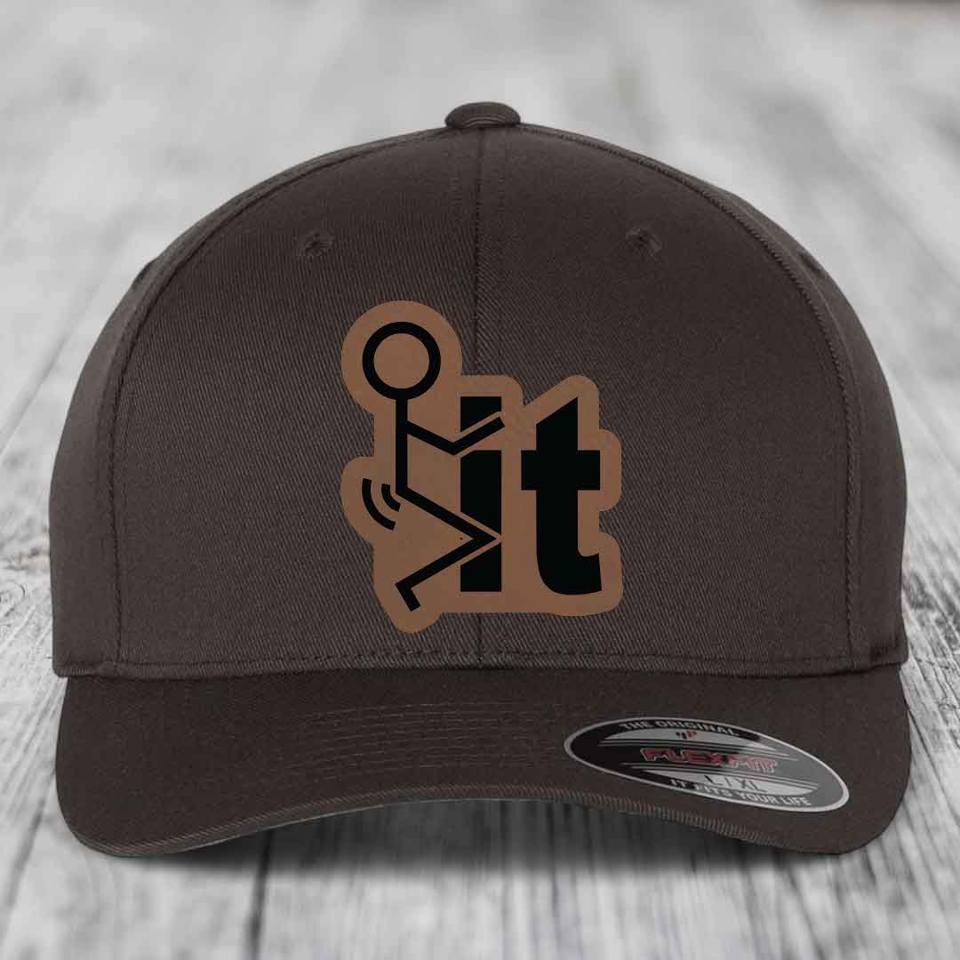 F*ck It - Leather Patch Hat - Dark Brown to Black Patch - Flexfit 6277 Fitted Hat