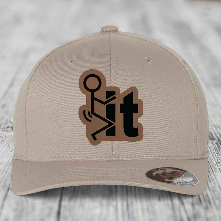 F*ck It - Leather Patch Hat - Dark Brown to Black Patch - Flexfit 6277 Fitted Hat