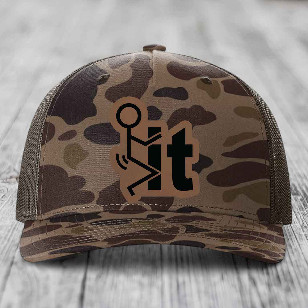 F*ck It - Leather Patch Hat - Dark Brown to Black Patch - Richardson 112PFP Snapback Trucker Hat