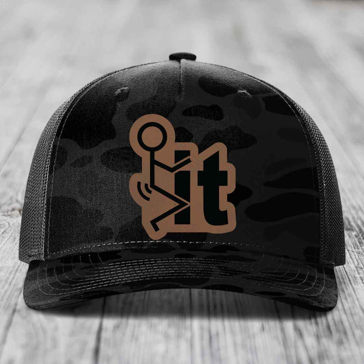 F*ck It - Leather Patch Hat - Dark Brown to Black Patch - Richardson 112PFP Snapback Trucker Hat