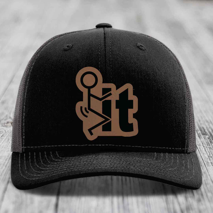 F*ck It - Leather Patch Hat - Dark Brown to Black Patch - Richardson 112 Snapback Trucker Hat