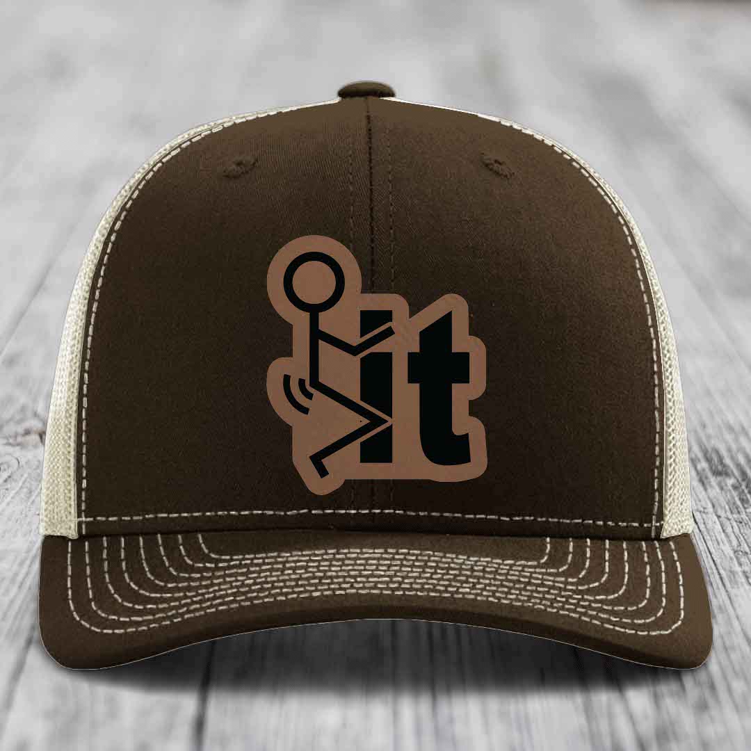 F*ck It - Leather Patch Hat - Dark Brown to Black Patch - Richardson 112 Snapback Trucker Hat