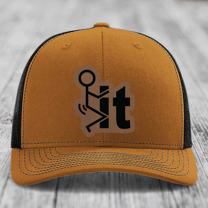 F*ck It - Leather Patch Hat - Dark Brown to Black Patch - Richardson 112 Snapback Trucker Hat