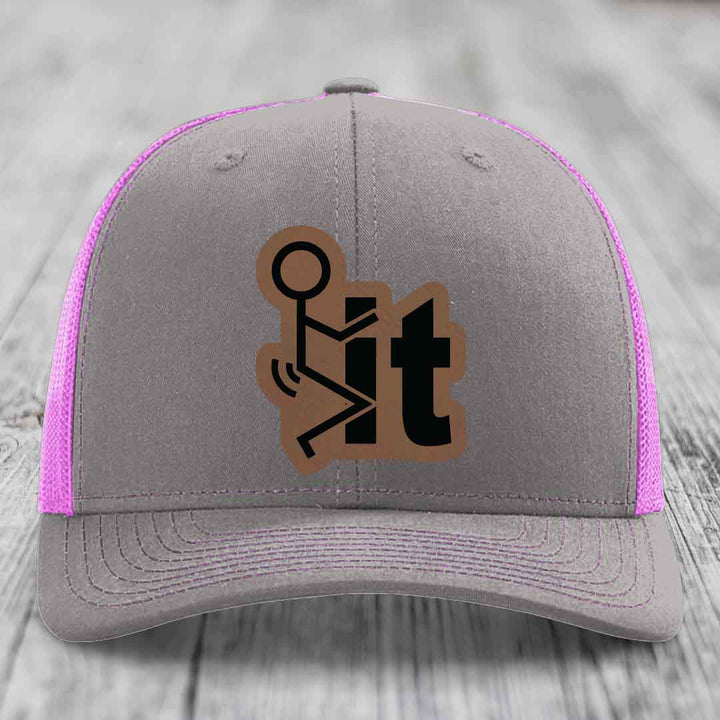 F*ck It - Leather Patch Hat - Dark Brown to Black Patch - Richardson 112 Snapback Trucker Hat