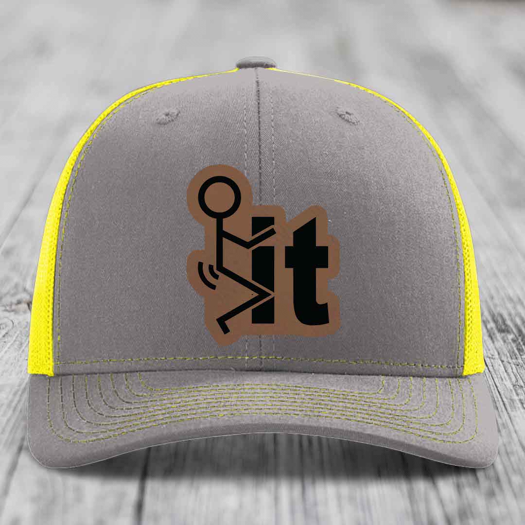 F*ck It - Leather Patch Hat - Dark Brown to Black Patch - Richardson 112 Snapback Trucker Hat