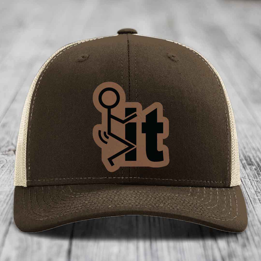 F*ck It - Leather Patch Hat - Dark Brown to Black Patch - Richardson 112 Snapback Trucker Hat