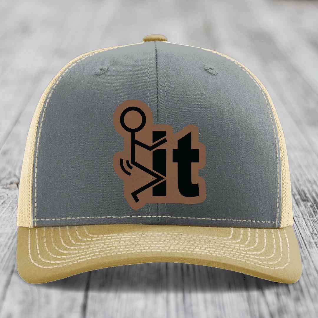 F*ck It - Leather Patch Hat - Dark Brown to Black Patch - Richardson 112 Snapback Trucker Hat