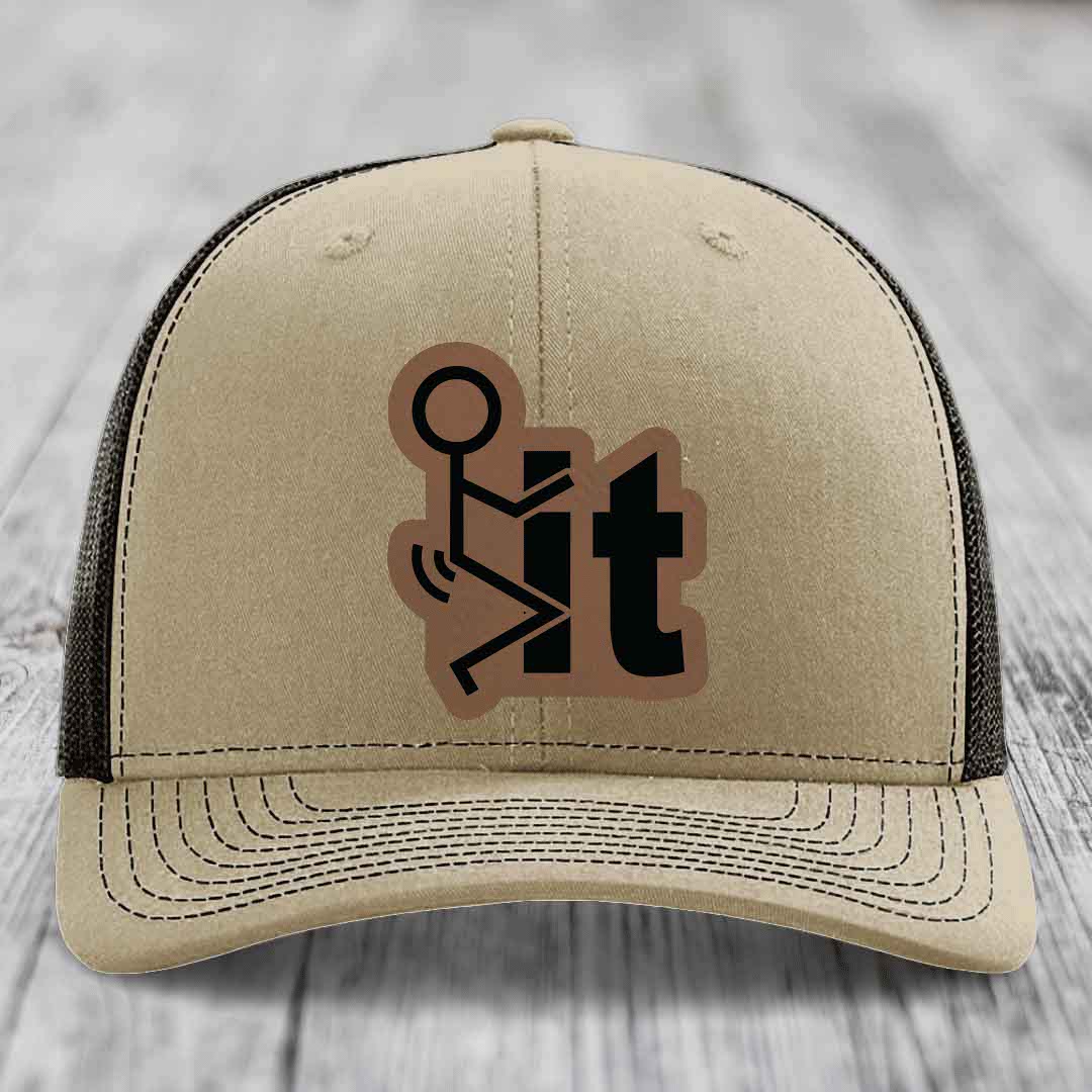 F*ck It - Leather Patch Hat - Dark Brown to Black Patch - Richardson 112 Snapback Trucker Hat