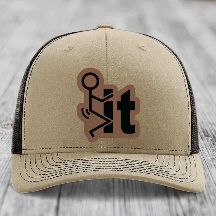 F*ck It - Leather Patch Hat - Dark Brown to Black Patch - Richardson 112 Snapback Trucker Hat