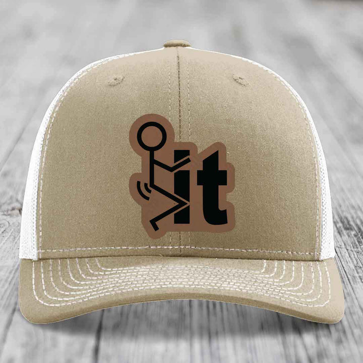 F*ck It - Leather Patch Hat - Dark Brown to Black Patch - Richardson 112 Snapback Trucker Hat