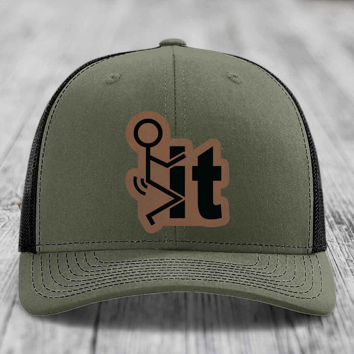 F*ck It - Leather Patch Hat - Dark Brown to Black Patch - Richardson 112 Snapback Trucker Hat