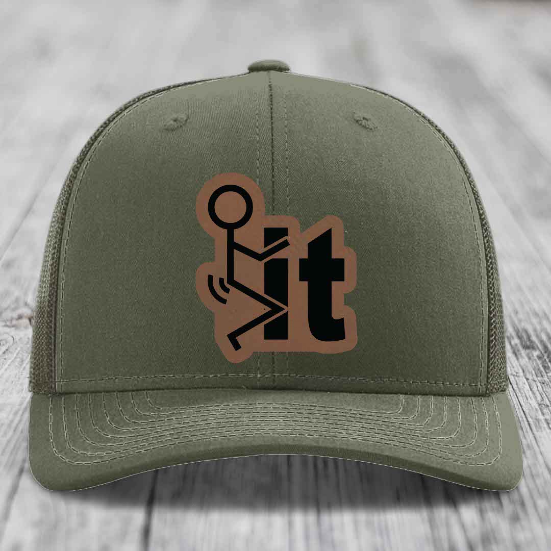 F*ck It - Leather Patch Hat - Dark Brown to Black Patch - Richardson 112 Snapback Trucker Hat