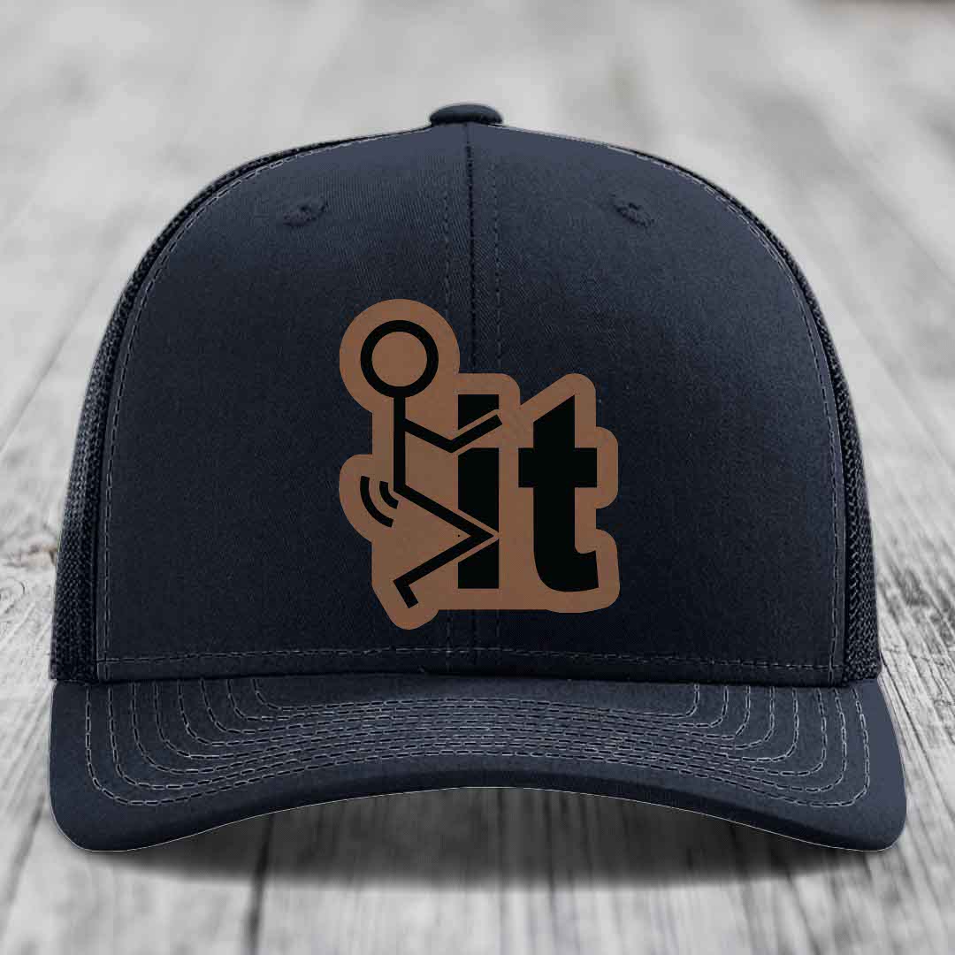 F*ck It - Leather Patch Hat - Dark Brown to Black Patch - Richardson 112 Snapback Trucker Hat