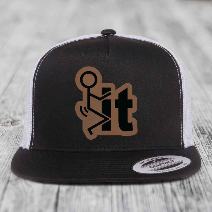 F*ck It - Leather Patch Hat - Dark Brown to Black Patch - Yupoong 6006 Snapback Flatbill Hat