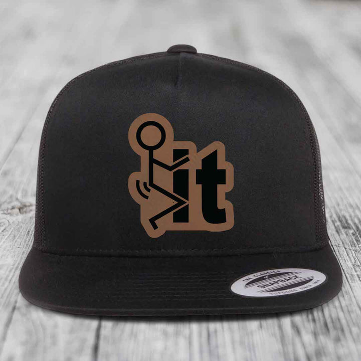 F*ck It - Leather Patch Hat - Dark Brown to Black Patch - Yupoong 6006 Snapback Flatbill Hat