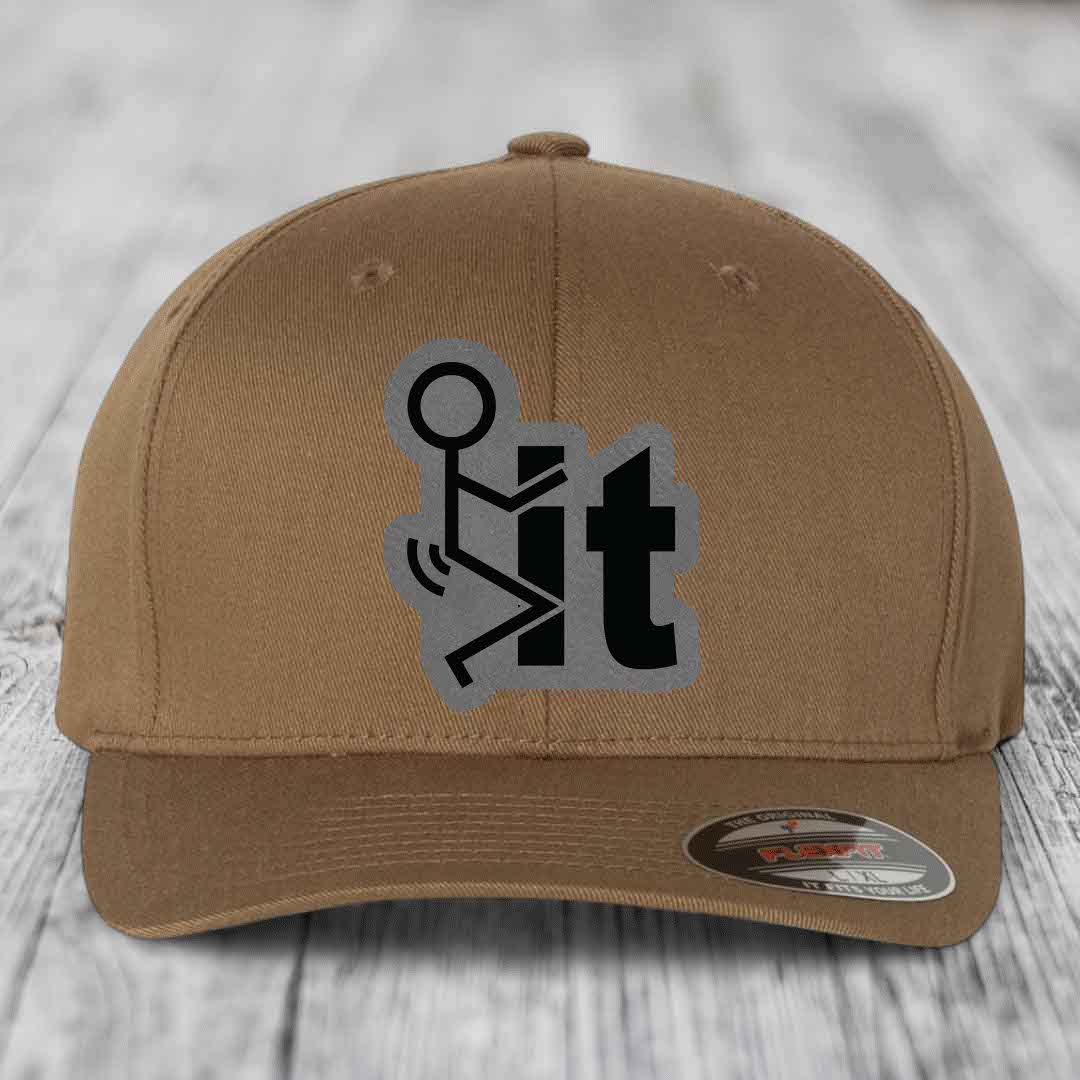F*ck It - Leather Patch Hat - Grey to Black Patch - Flexfit 6277 Fitted Hat
