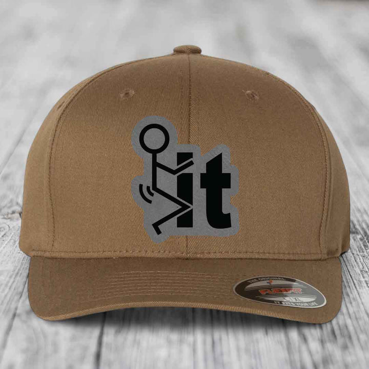 F*ck It - Leather Patch Hat - Grey to Black Patch - Flexfit 6277 Fitted Hat