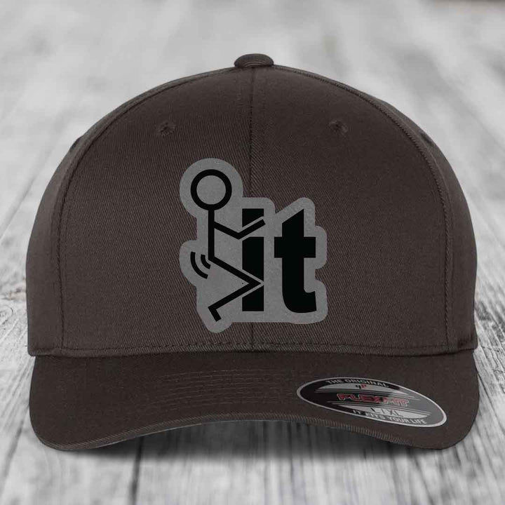 F*ck It - Leather Patch Hat - Grey to Black Patch - Flexfit 6277 Fitted Hat