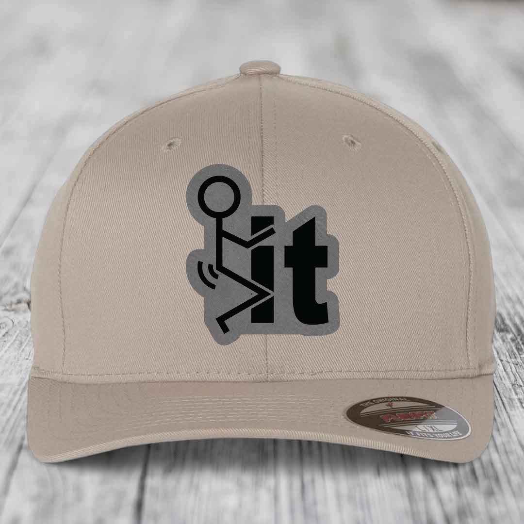 F*ck It - Leather Patch Hat - Grey to Black Patch - Flexfit 6277 Fitted Hat