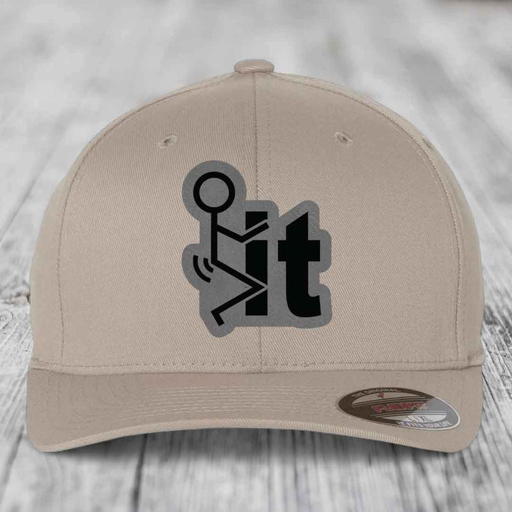 F*ck It - Leather Patch Hat - Grey to Black Patch - Flexfit 6277 Fitted Hat