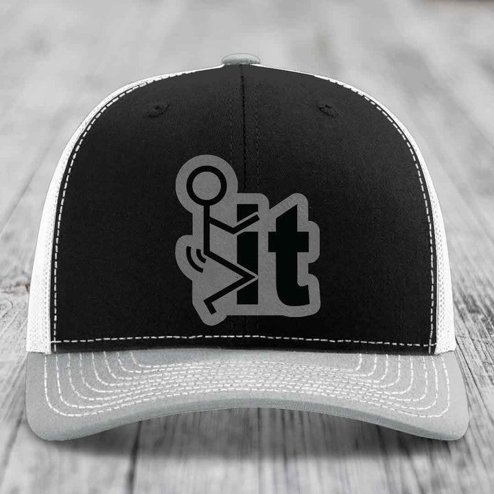 F*ck It - Leather Patch Hat - Grey to Black Patch - Richardson 112 Snapback Trucker Hat