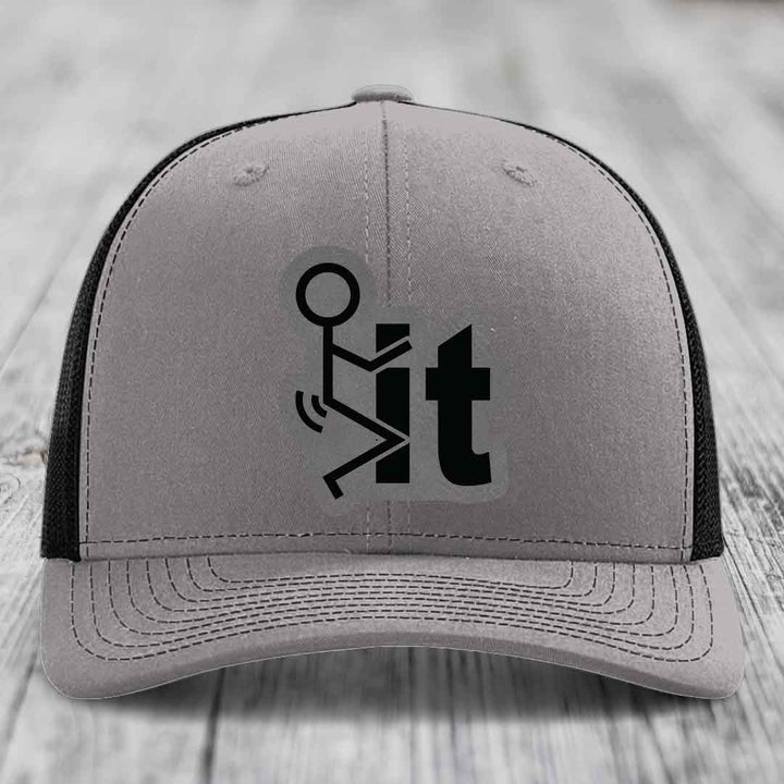 Grey trucker hat with black mesh back and a black &