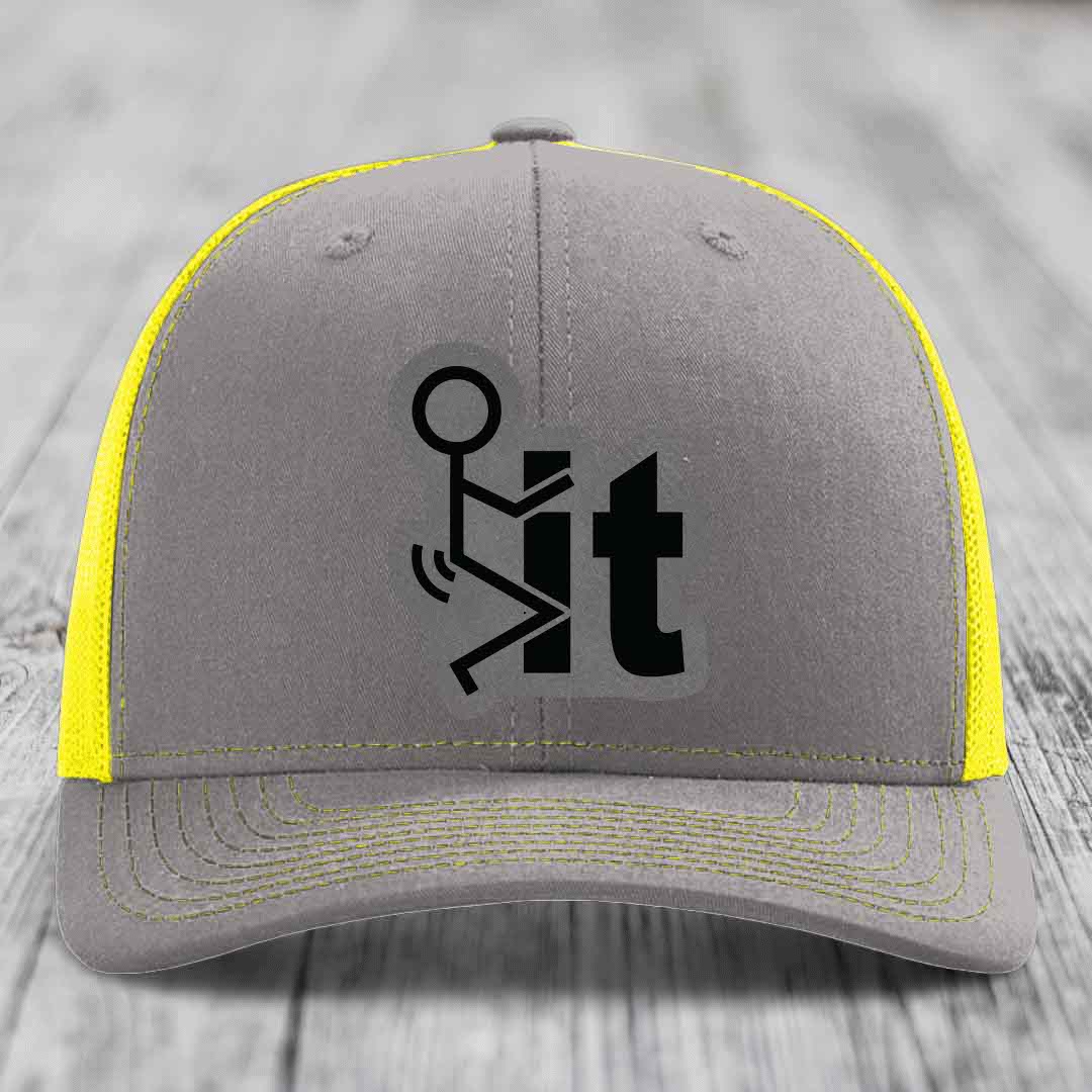 F*ck It - Leather Patch Hat - Grey to Black Patch - Richardson 112 Snapback Trucker Hat
