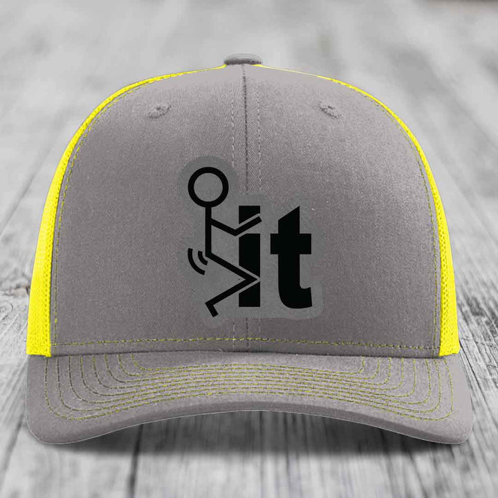 F*ck It - Leather Patch Hat - Grey to Black Patch - Richardson 112 Snapback Trucker Hat