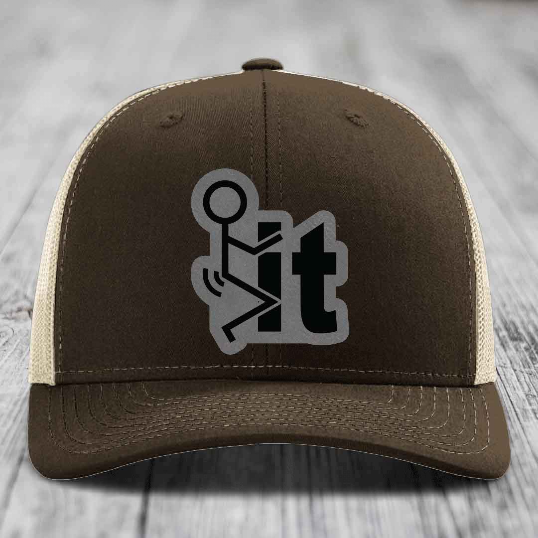 F*ck It - Leather Patch Hat - Grey to Black Patch - Richardson 112 Snapback Trucker Hat