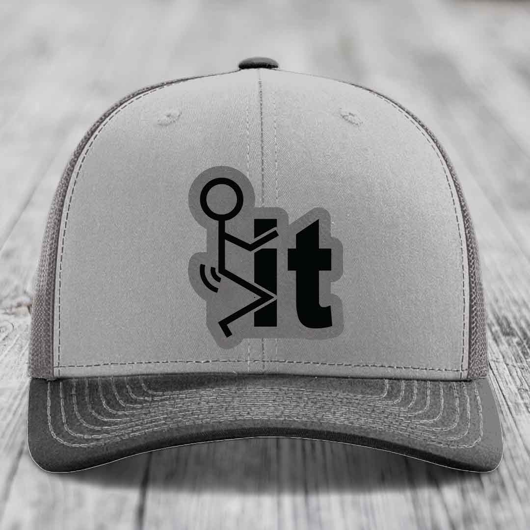 F*ck It - Leather Patch Hat - Grey to Black Patch - Richardson 112 Snapback Trucker Hat