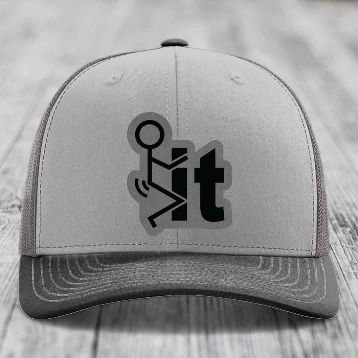 F*ck It - Leather Patch Hat - Grey to Black Patch - Richardson 112 Snapback Trucker Hat