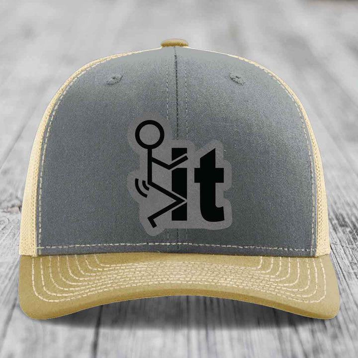 F*ck It - Leather Patch Hat - Grey to Black Patch - Richardson 112 Snapback Trucker Hat