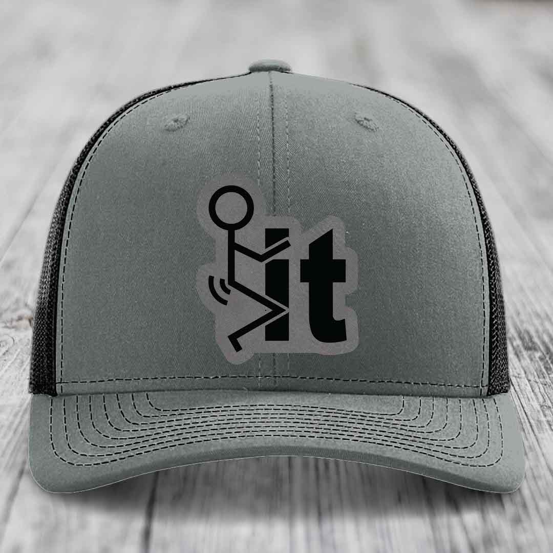 F*ck It - Leather Patch Hat - Grey to Black Patch - Richardson 112 Snapback Trucker Hat