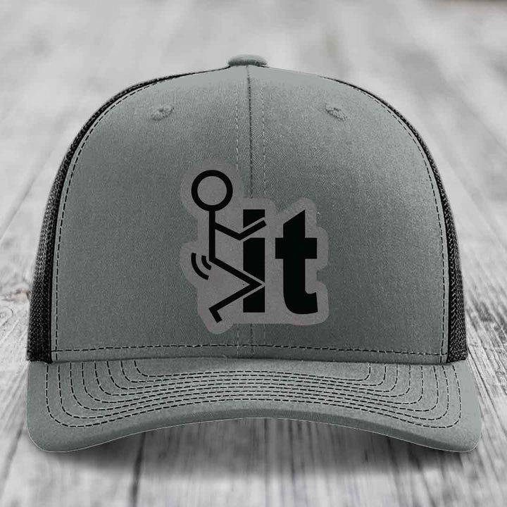 F*ck It - Leather Patch Hat - Grey to Black Patch - Richardson 112 Snapback Trucker Hat