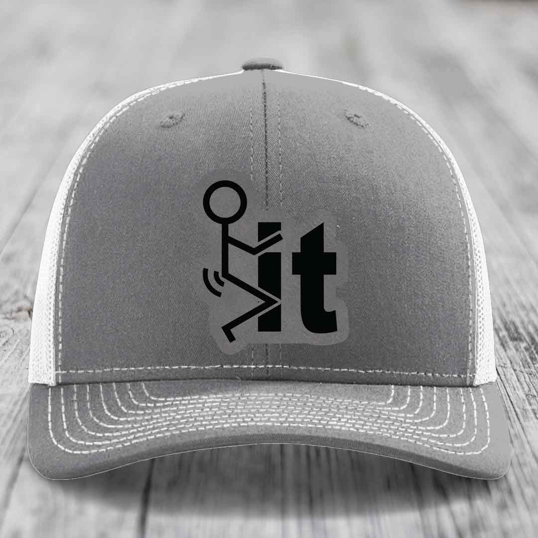 F*ck It - Leather Patch Hat - Grey to Black Patch - Richardson 112 Snapback Trucker Hat