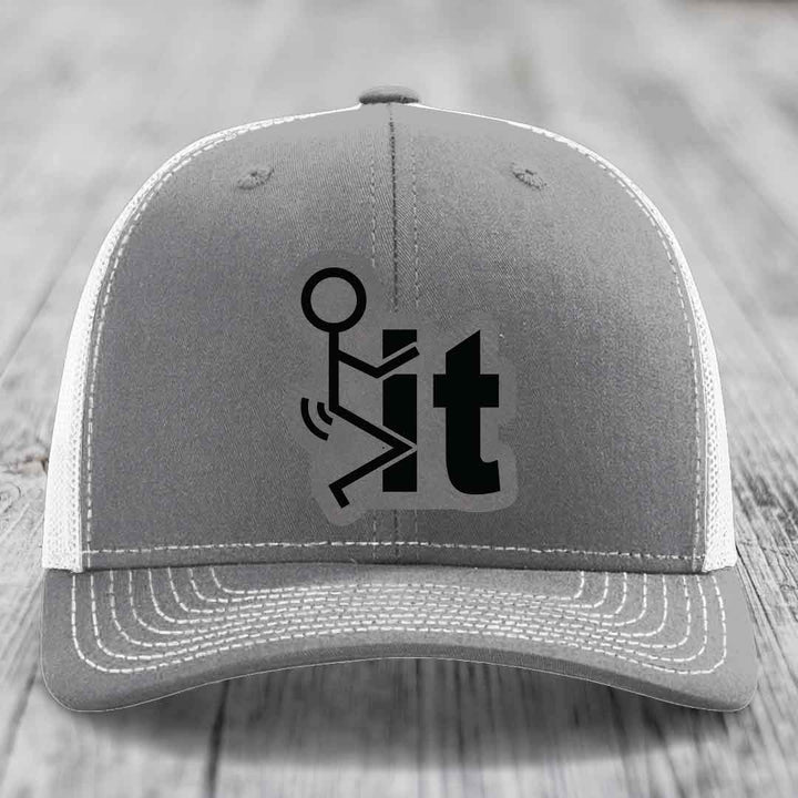 F*ck It - Leather Patch Hat - Grey to Black Patch - Richardson 112 Snapback Trucker Hat