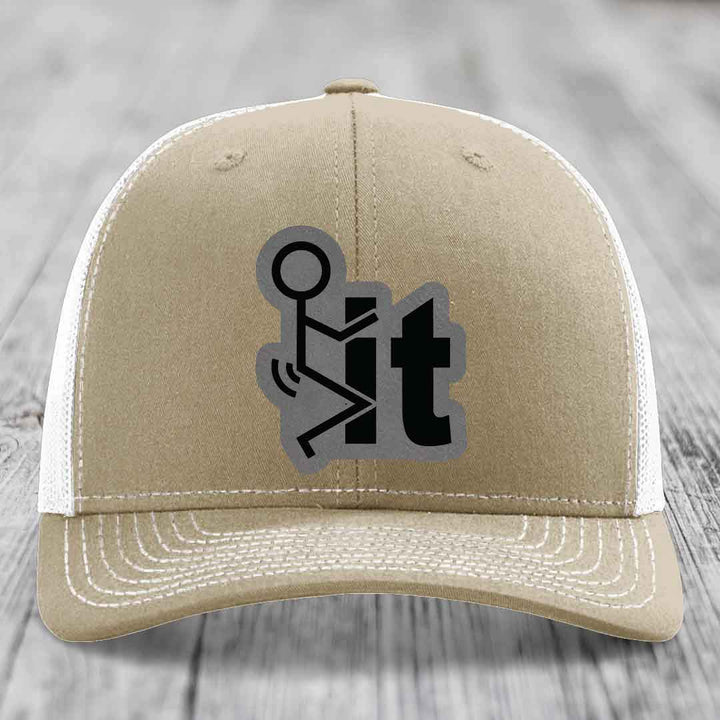 F*ck It - Leather Patch Hat - Grey to Black Patch - Richardson 112 Snapback Trucker Hat