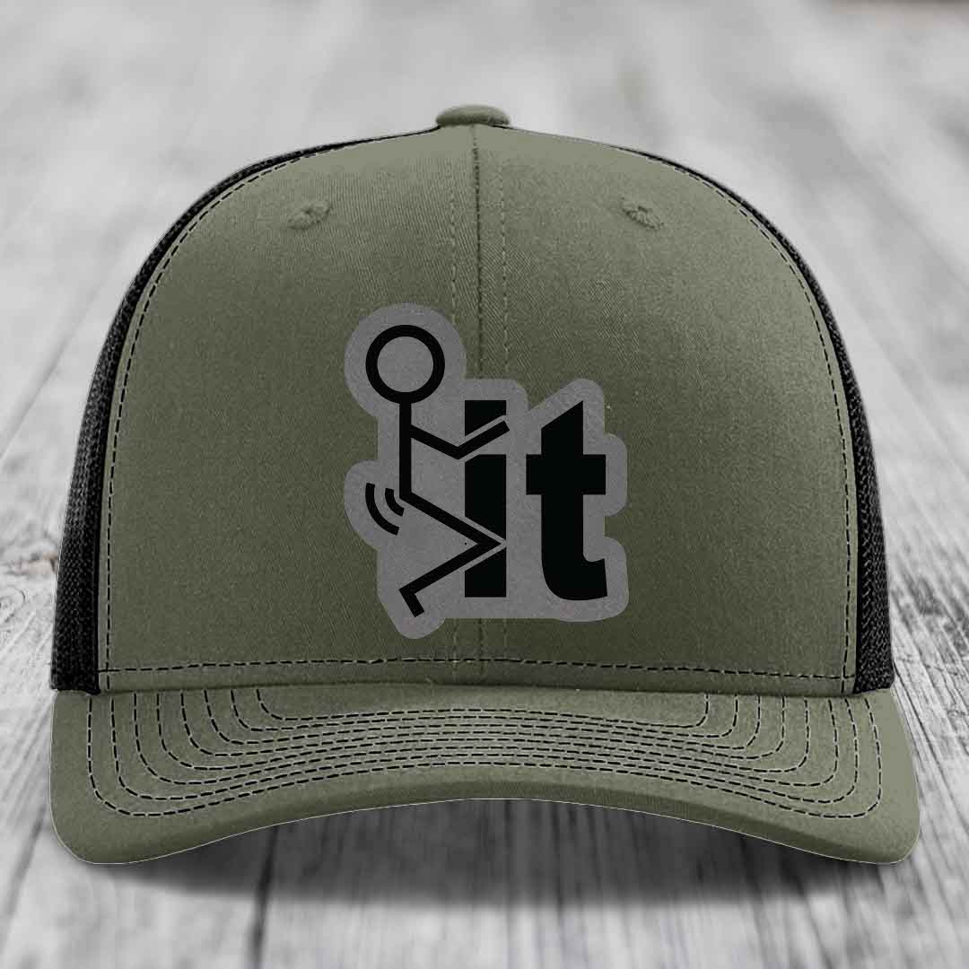 F*ck It - Leather Patch Hat - Grey to Black Patch - Richardson 112 Snapback Trucker Hat