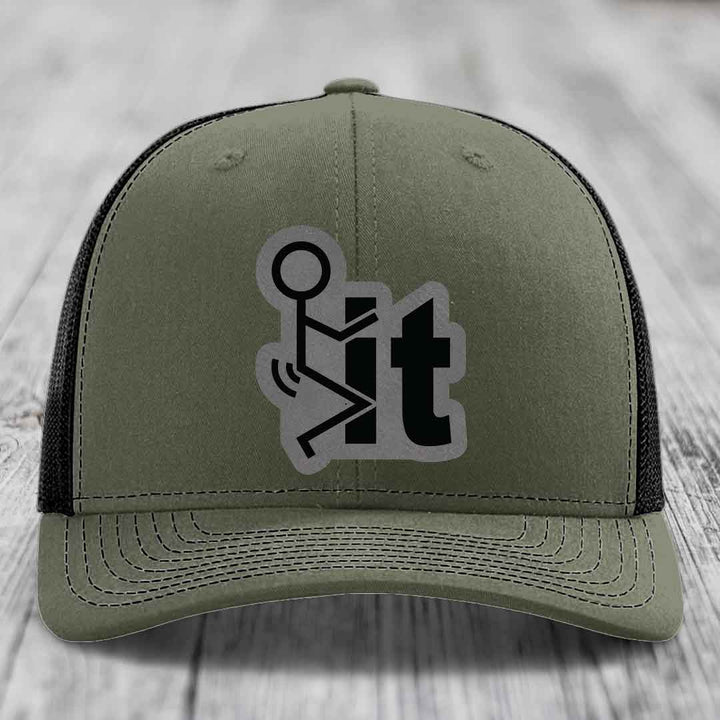F*ck It - Leather Patch Hat - Grey to Black Patch - Richardson 112 Snapback Trucker Hat