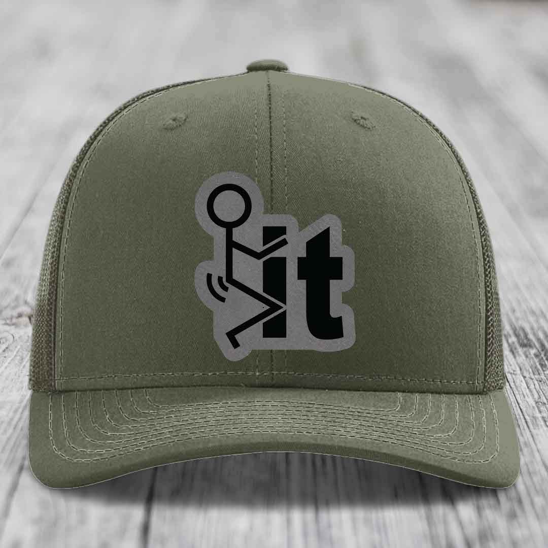 F*ck It - Leather Patch Hat - Grey to Black Patch - Richardson 112 Snapback Trucker Hat